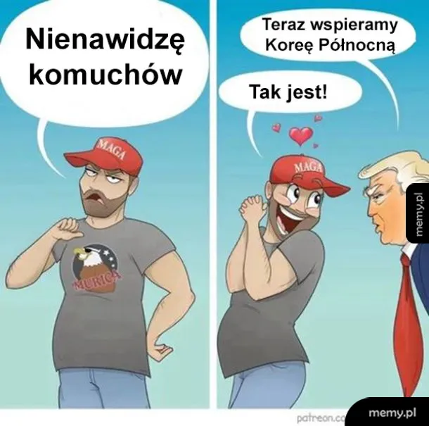 Mężczyzna w koszulce z napisem 'Murica' wyraża nienawiść do komuchów, a obok inny mężczyzna z sercami wspiera Koreę Północną.