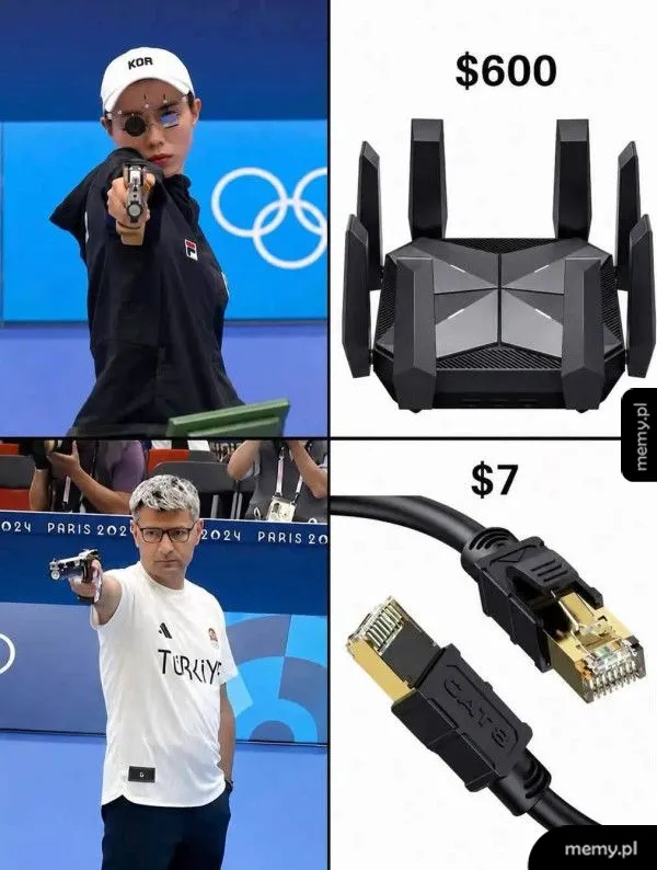 Osoba z bronią w ręku na tle olimpijskim oraz router i kabel Ethernet.