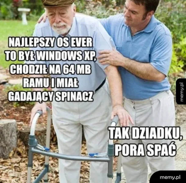 Mężczyzna pomagający starszemu mężczyźnie z chodzikiem.