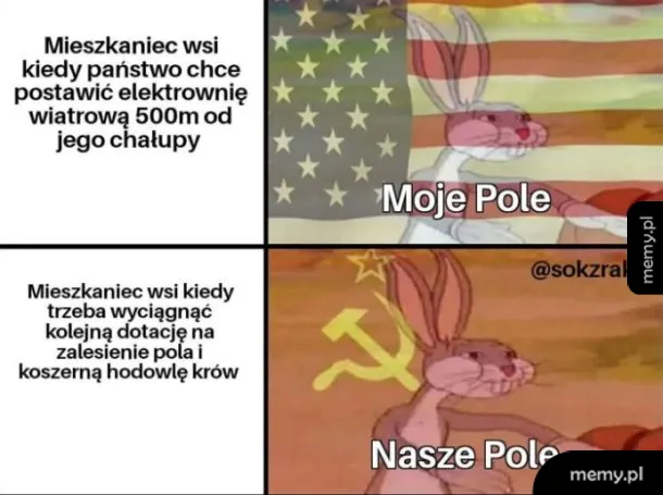 Kreskówkowy królik z flagą USA i symbolem ZSRR, z tekstem o polach.