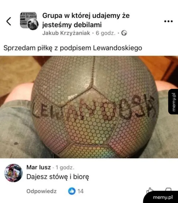 Piłka z podpisem Lewandowskiego, z widocznymi siatkowymi wzorami.