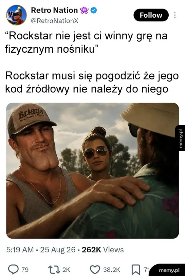 Mężczyzna z wielką szczęką rozmawia z kimś w stylu GTA VI