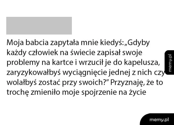 Tekst memu o pytaniu babci dotyczącym problemów i kapelusza.