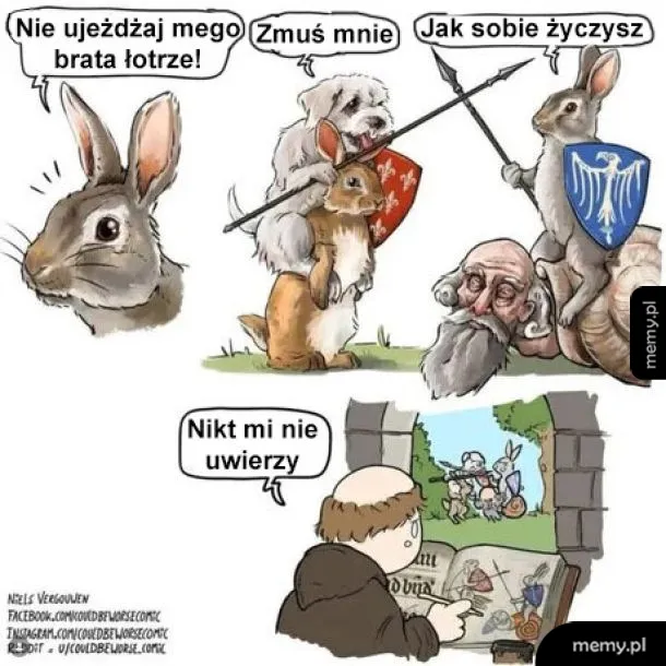 Komiks o średniowiecznym mnichu rysującym walkę królików i psów.
