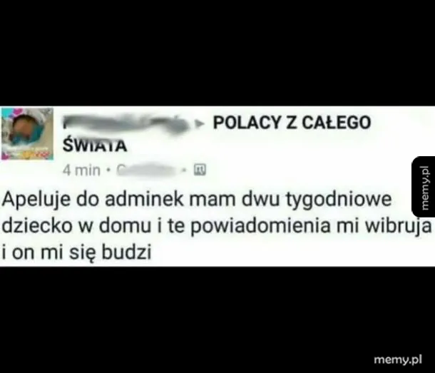 Zrzut ekranu posta z grupy na Facebooku ze skargą na powiadomienia.