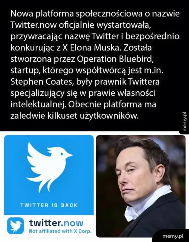 Logo platformy Twitter.now oraz zdjęcie zaniepokojonego Elona Muska w garniturze.