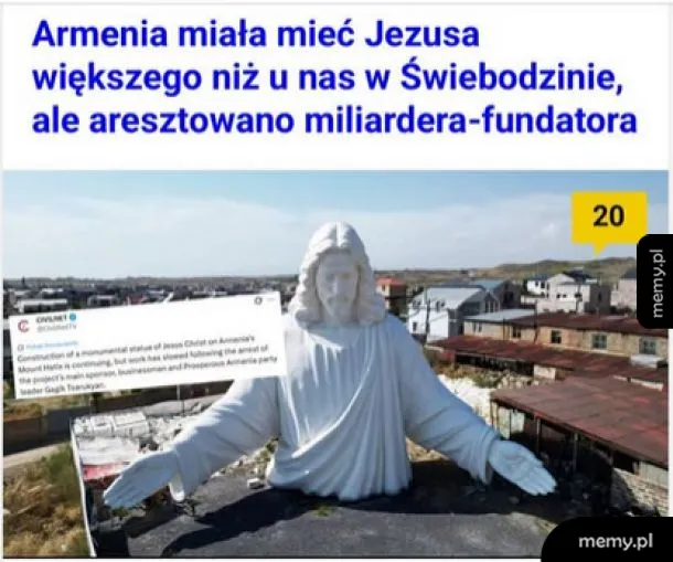 Pomnik Jezusa w Armenii i napis o aresztowaniu fundatora