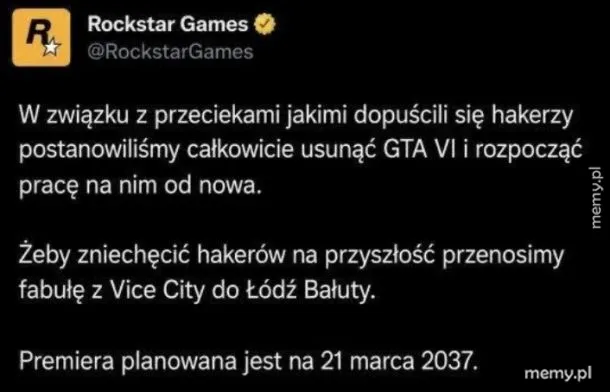 Zartobliwy tweet Rockstar Games o przeniesieniu GTA VI na Baluty