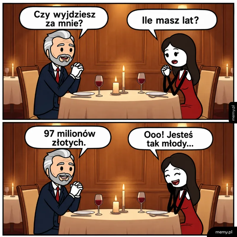 Komiks o randce starszego, bogatego mężczyzny z młodą kobietą.