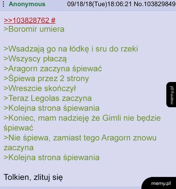Zrzut ekranu z wpisem z serwisu 4chan dotyczącym Władcy Pierścieni.