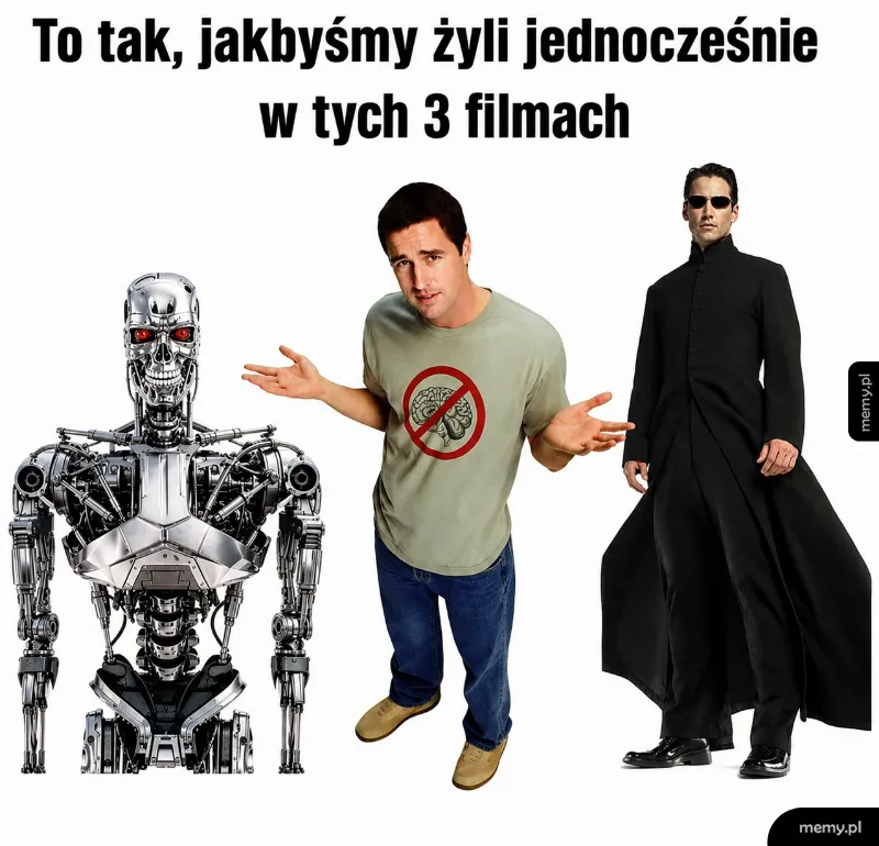 Mem z Terminatorem, postacią w koszulce z zakazem mózgu i Neo z Matrixa