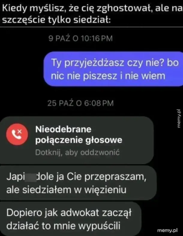 Zrzut ekranu z wiadomościami SMS przedstawiający absurdalną wymianę zdań o pobycie w więzieniu.