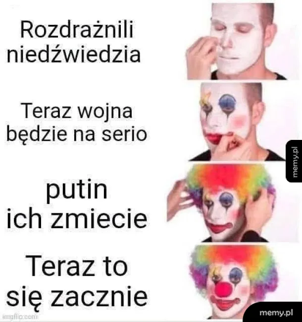 Mężczyzna nakładający makijaż klauna w czterech etapach.
