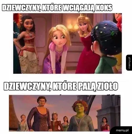 Memy porównujące księżniczki Disneya do Fiony ze Shreka w kontekście używek.