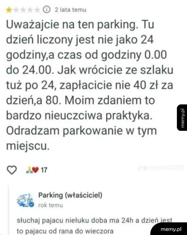 Zrzut ekranu z negatywną opinią o parkingu i ostrą odpowiedzią właściciela.