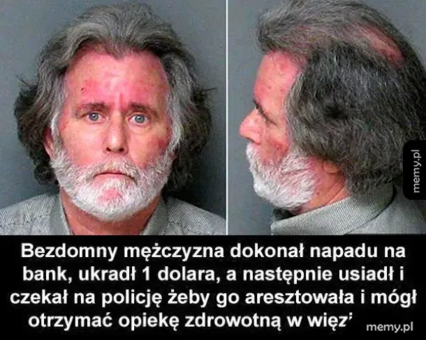 Policyjne zdjęcia sygnalityczne mężczyzny z siwą brodą i podniszczonym tekstem na dole.