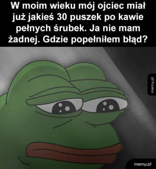 Smutna żaba Pepe z podpisem o puszkach po kawie ze śrubkami.