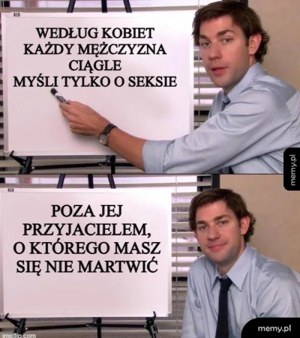 Jim Halpert z serialu Biuro prezentuje tablicę z żartem o mężczyznach i przyjaciołach.
