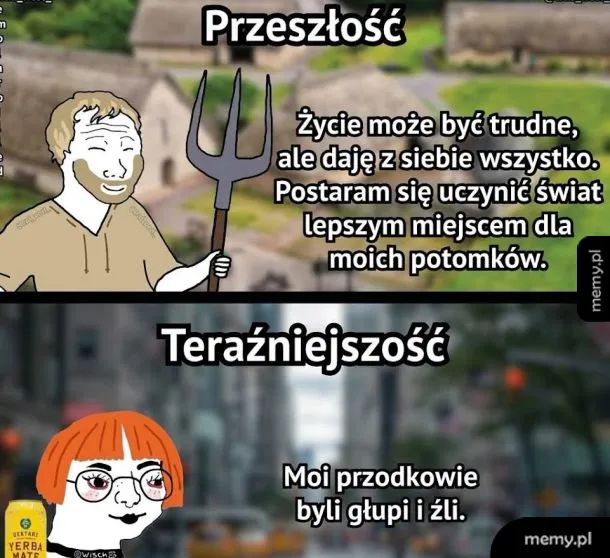 Mem porównujący przeszłość z teraźniejszością za pomocą rysunkowych postaci.