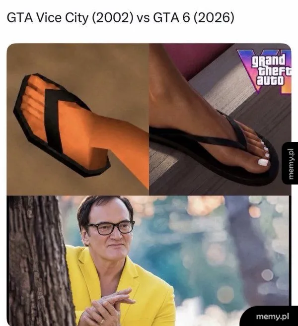 Porównanie grafiki stóp w GTA Vice City i GTA 6 oraz Quentin Tarantino.