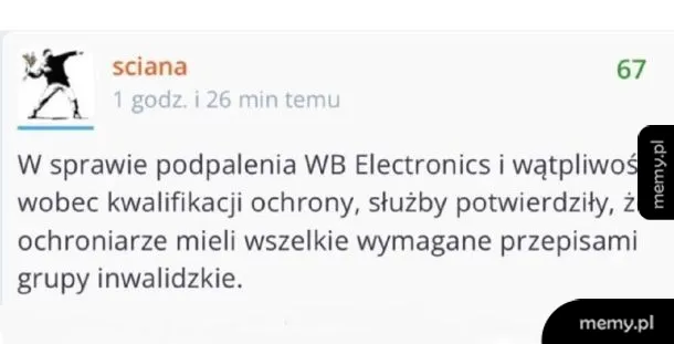 Zrzut ekranu z wpisem użytkownika sciana dotyczącym ochrony WB Electronics.