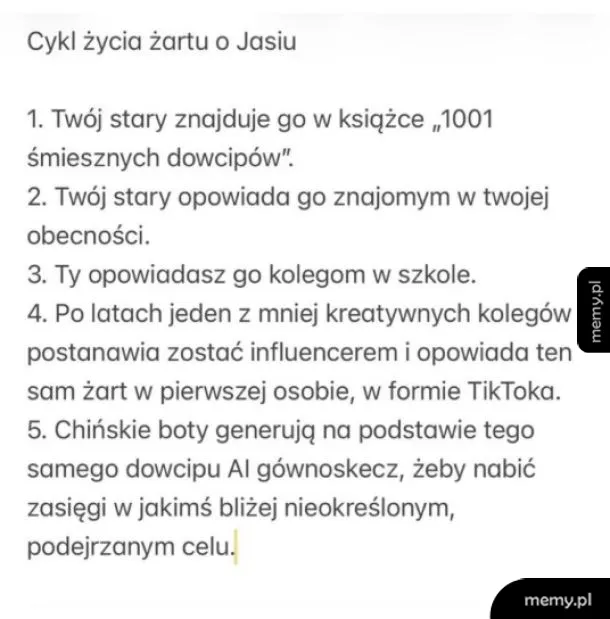 Tekst przedstawiający satyryczny cykl życia żartu o Jasiu od książki po boty AI.