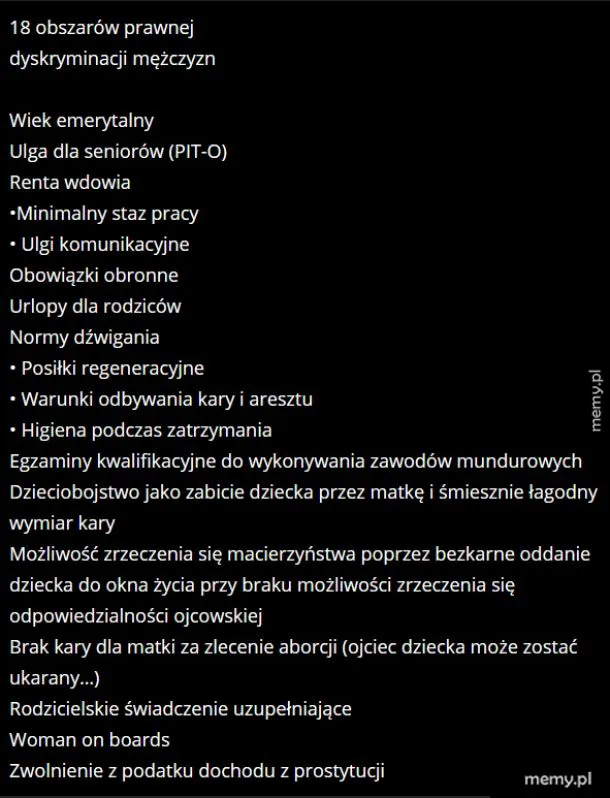 Lista 18 obszarów prawnej dyskryminacji mężczyzn na czarnym tle.