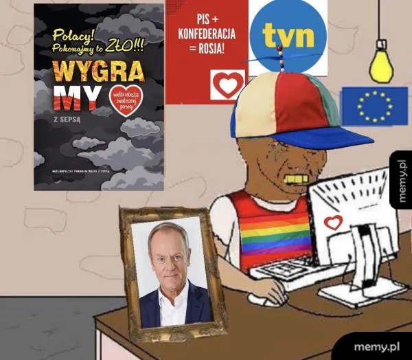 Wojak w czapce z wiatraczkiem siedzi przy komputerze w pokoju z plakatami politycznymi.
