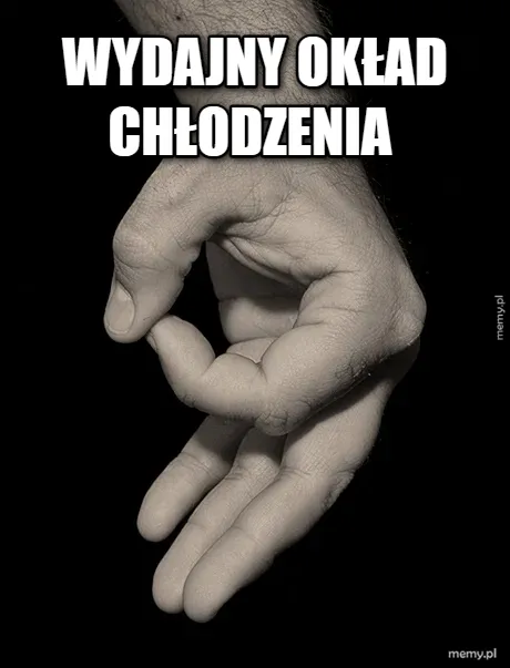 Ręka pokazująca gest okół na czarnym tle z napisem WYDAJNY UKŁAD CHŁODZENIA