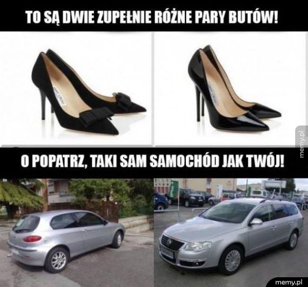 Dwie zupełnie różne pary butów i dwa takie same samochody