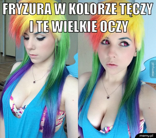 Fryzura w kolorze tęczy i te WIELKIE oczy.