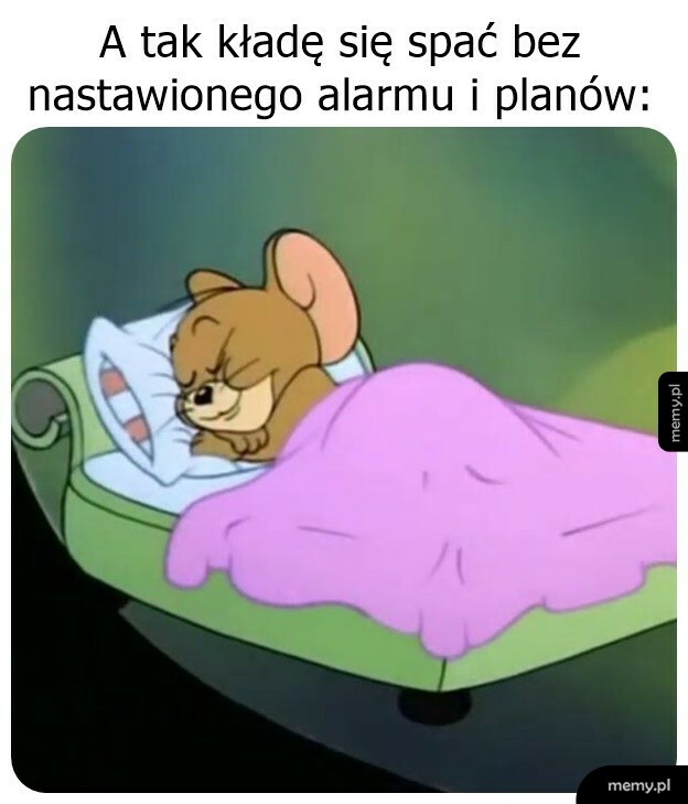 Myszka Jerry z Tom i Jerry śpi spokojnie w łóżku pod różową kołdrą.