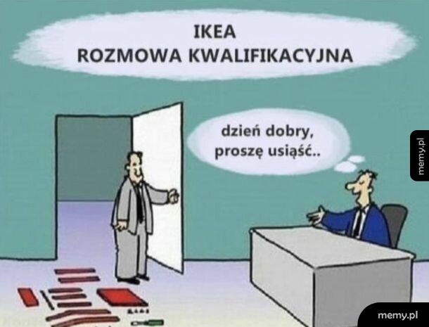 Rysunek satyryczny przedstawiający rozmowę kwalifikacyjną w stylu IKEA.