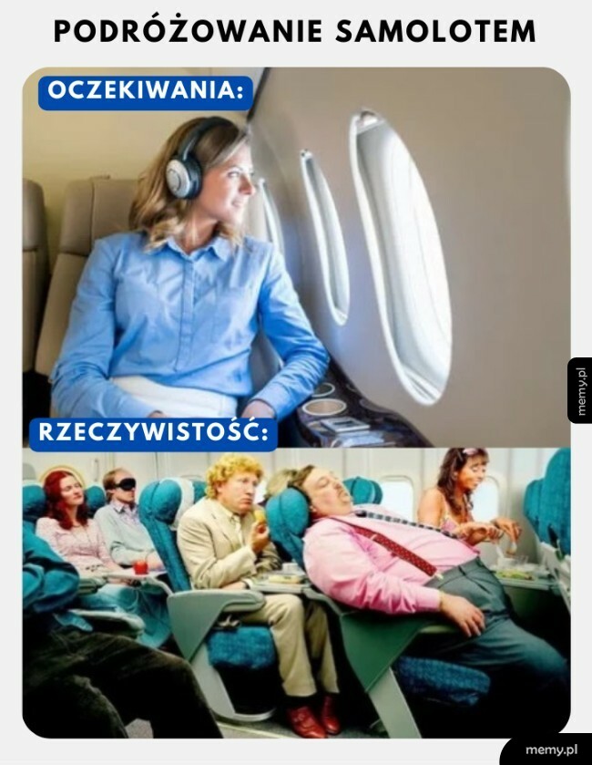 Mem porównujący wyobrażenie o podróży samolotem z męczącą rzeczywistością w klasie ekonomicznej.