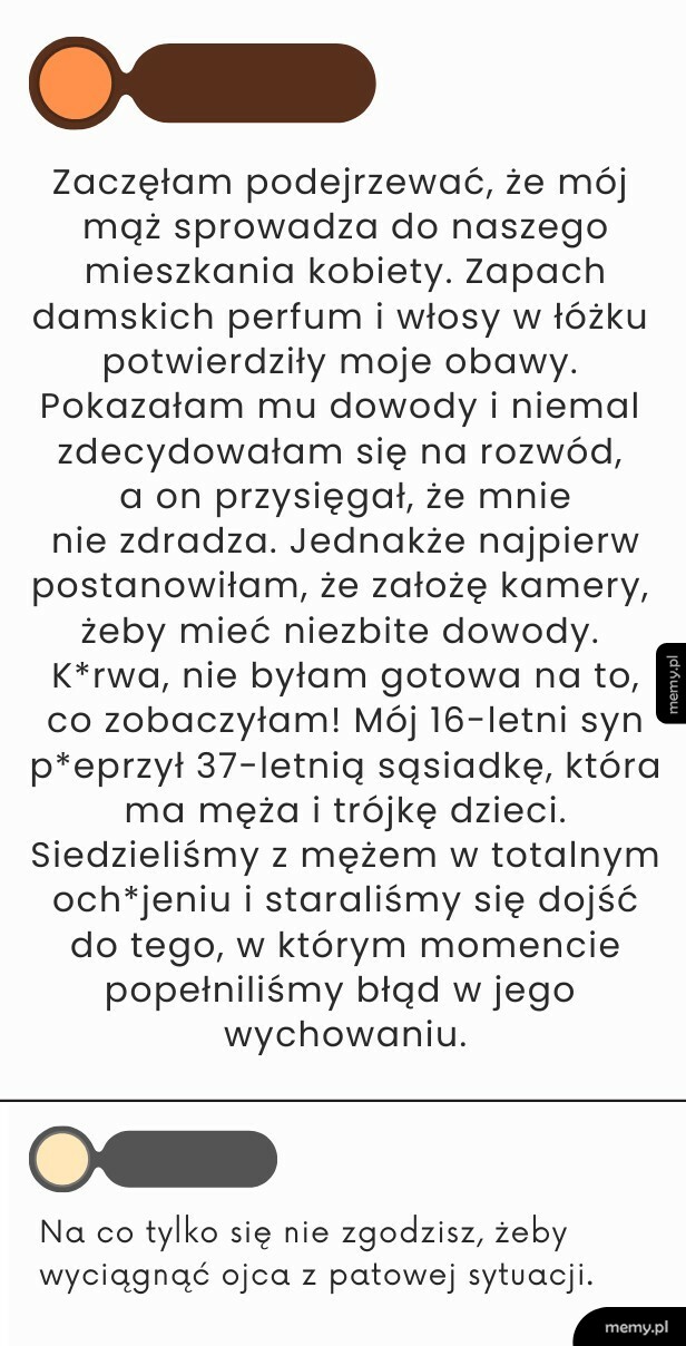 Zrzut ekranu z wpisem o kobiecie podejrzewającej męża o zdradę.