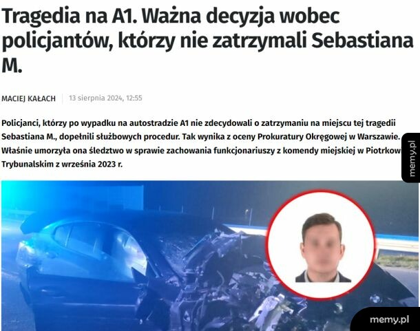 Zrzut ekranu artykułu prasowego o wypadku na autostradzie A1 i decyzji prokuratury.