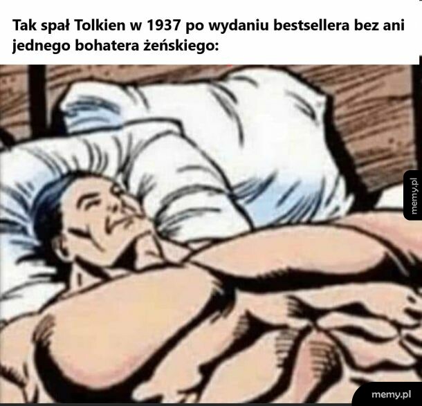 Rysunkowy, umięśniony mężczyzna śpiący w łóżku z poduszkami