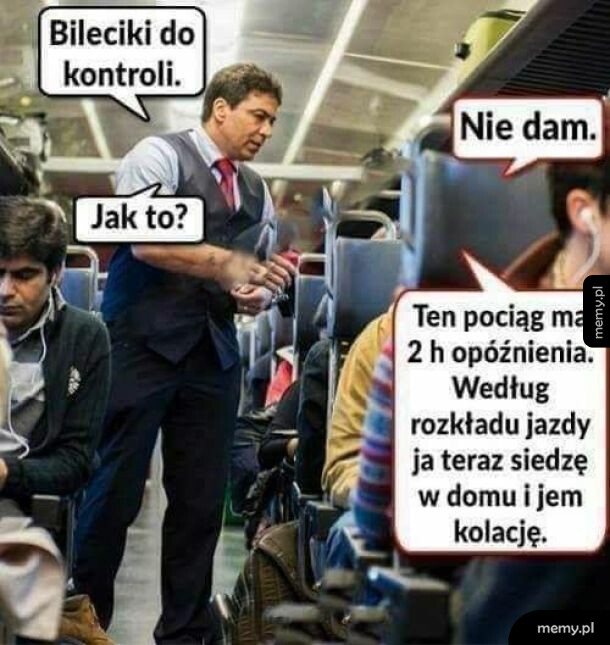 Konduktor w pociągu prosi o bilet, a pasażer odmawia z powodu opóźnienia.