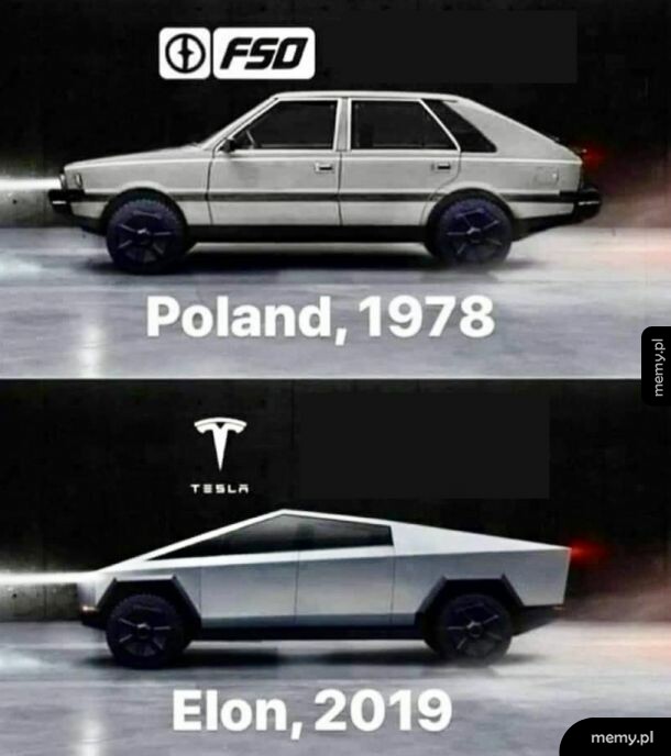 Porównanie kanciastego Poloneza FSO z 1978 roku i Tesli Cybertruck z 2019 roku.
