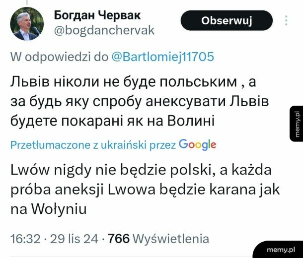 Zrzut ekranu tweeta użytkownika Bogdan Chervak na temat Lwowa z tłumaczeniem na język polski.