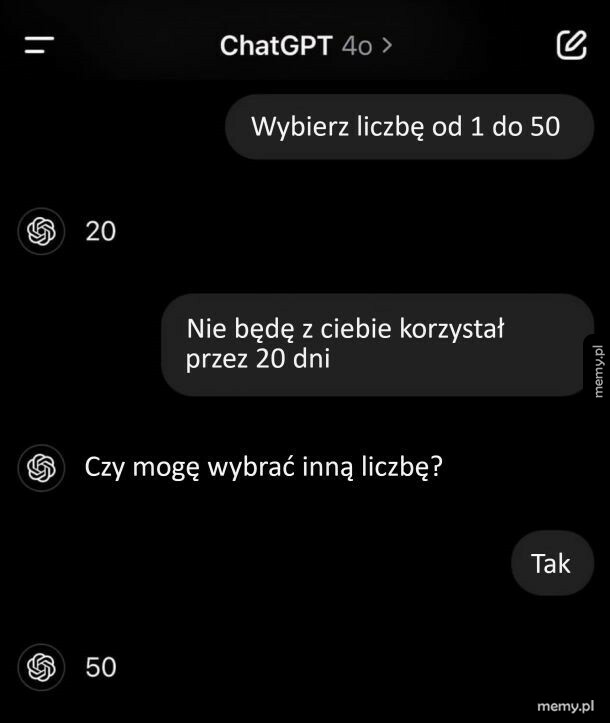 Zrzut ekranu z rozmowy z ChatGPT, gdzie użytkownik droczy się ze sztuczną inteligencją.