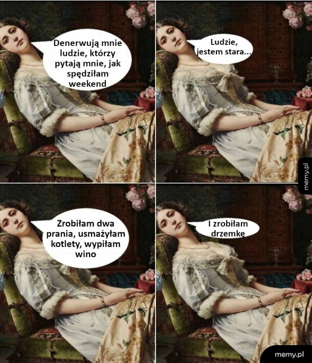 Czteroczęściowy mem z obrazem kobiety w stylu retro i dymkami dialogowymi o weekendzie.