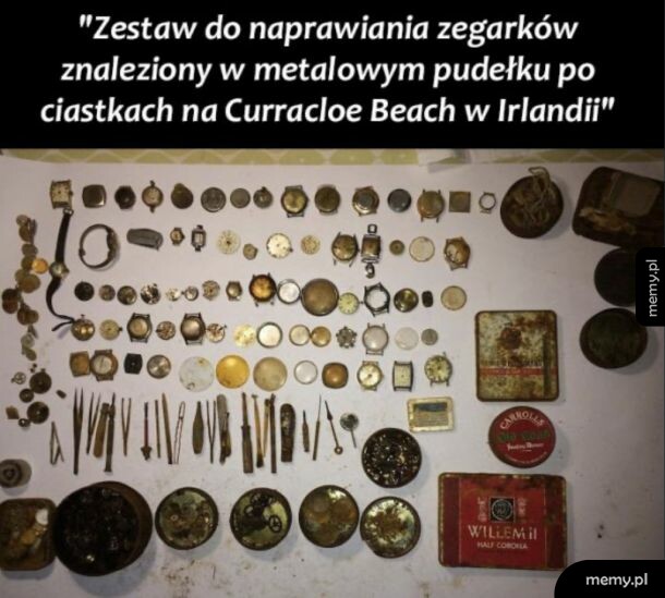Zestaw starych zegarków i narzędzi zegarmistrzowskich znaleziony na plaży w Irlandii.