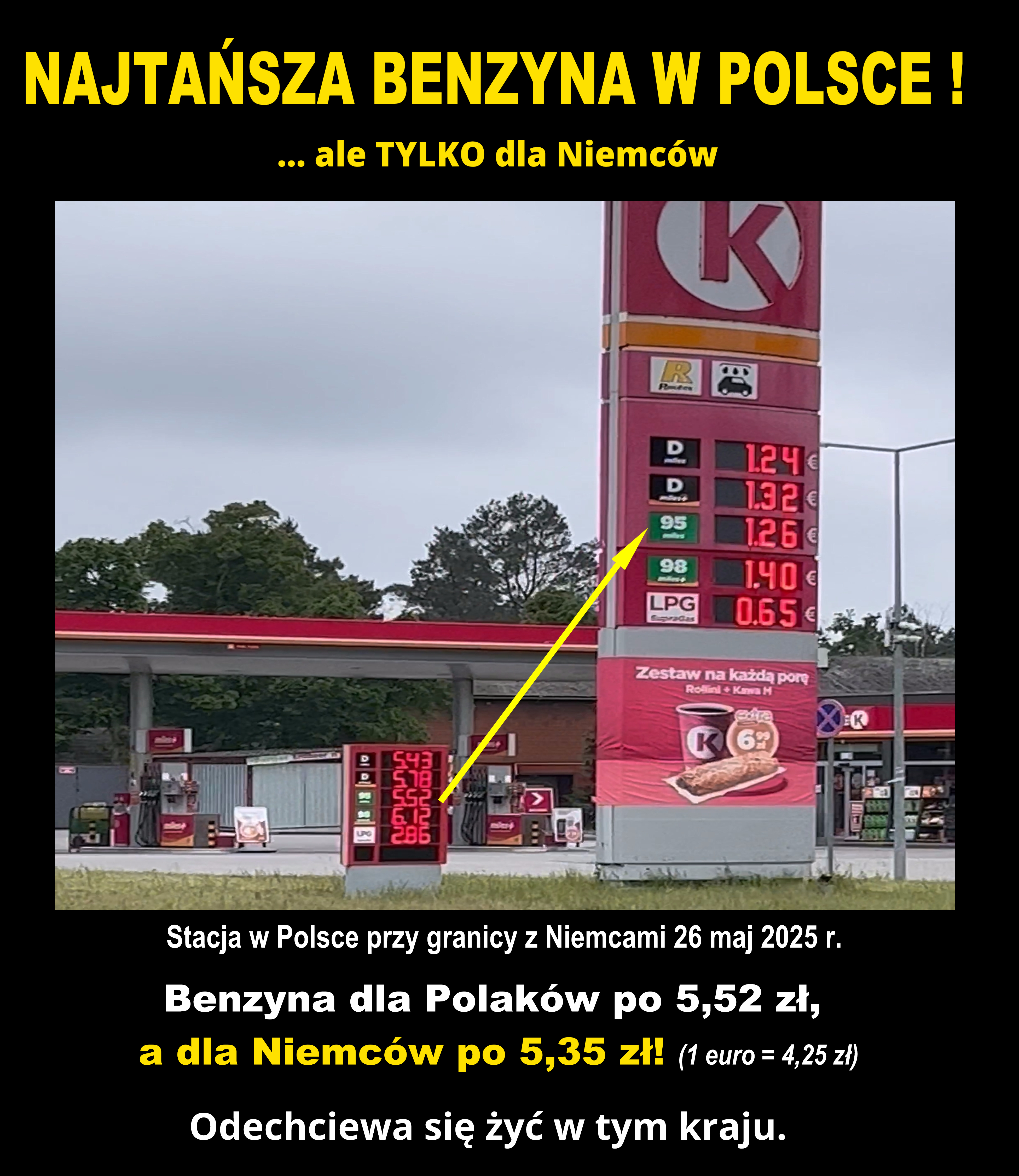 Cennik na polskiej stacji paliw z cenami w euro i złotówkach.