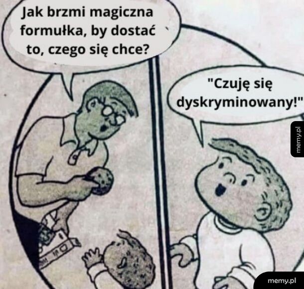 Komiks przedstawiający mężczyznę rozmawiającego z dzieckiem o magicznej formule.