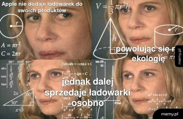 Mem z zamyśloną kobietą i wzorami matematycznymi w tle.