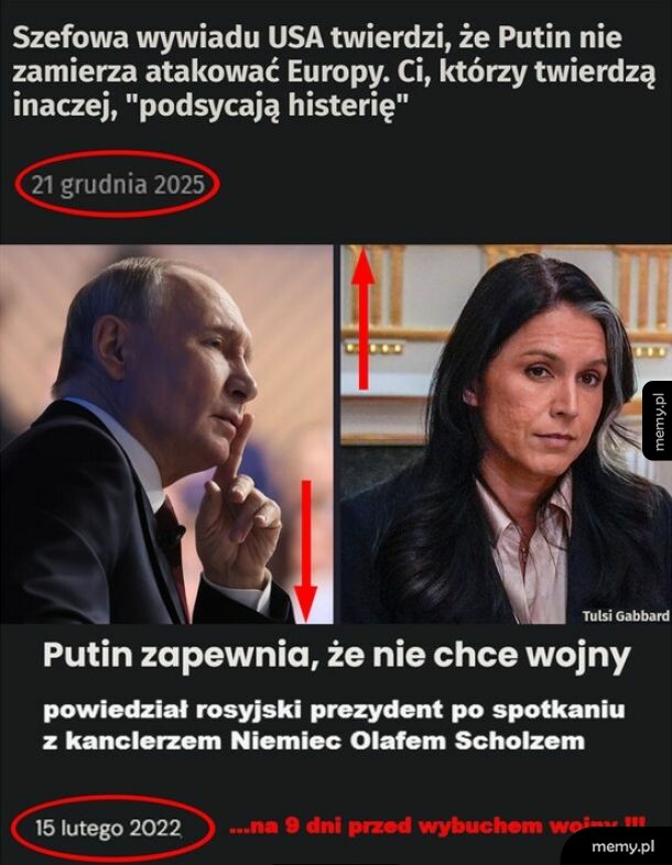 Mem z Putinem i Tulsi Gabbard oraz datami 2022 i 2025