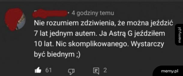 Zrzut ekranu komentarza internetowego o jeżdżeniu starym samochodem.