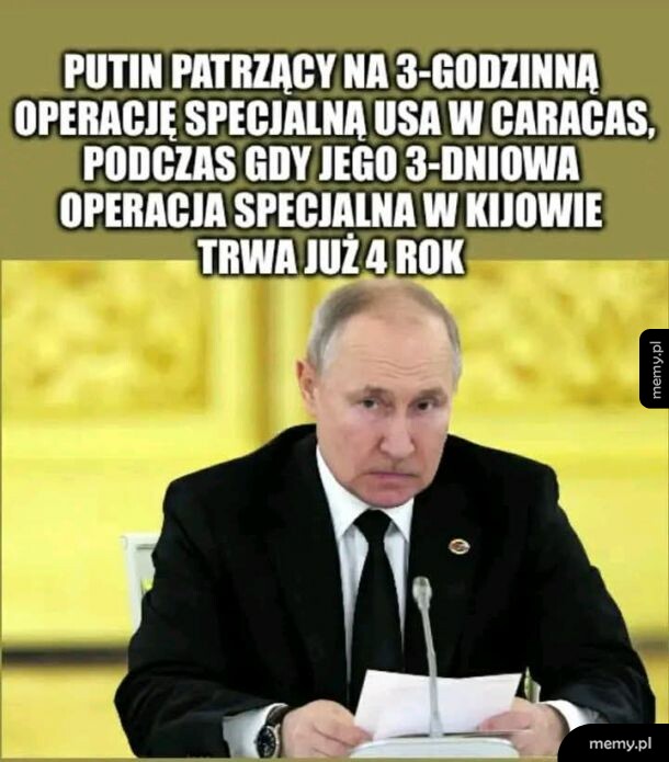 Wizerunek Władimira Putina z tekstem o operacji w Kijowie