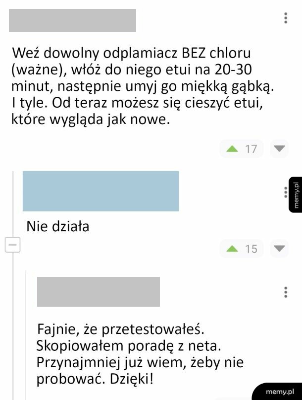 Zrzut ekranu z internetowej dyskusji z poradami dotyczącymi czyszczenia etui.
